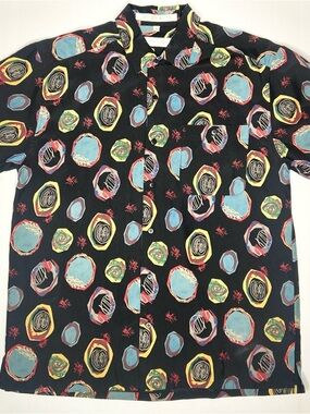 Vintage Axis 100% Silk Black Abstract Oriental Print Button-Up Shirt Size M
